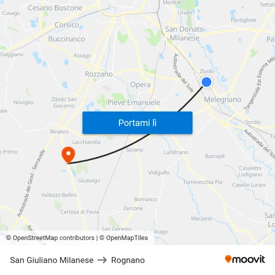 San Giuliano Milanese to Rognano map