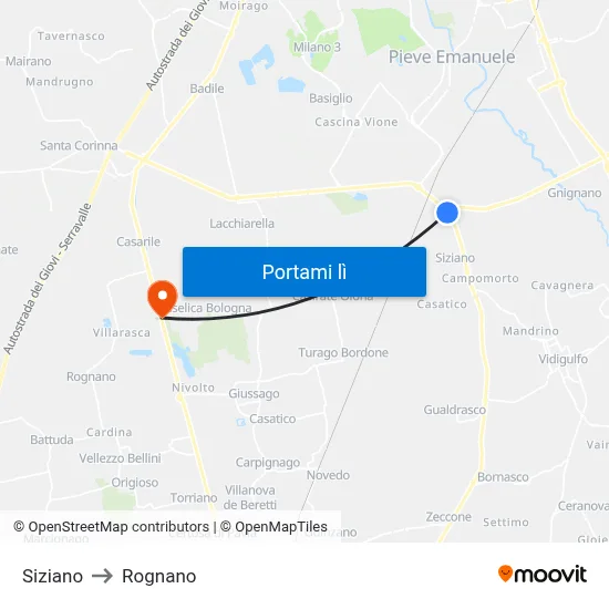 Siziano to Rognano map