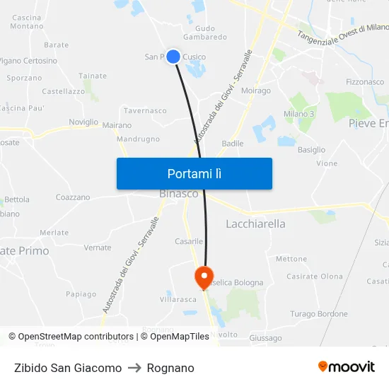 Zibido San Giacomo to Rognano map