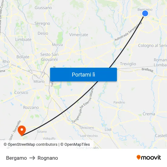 Bergamo to Rognano map