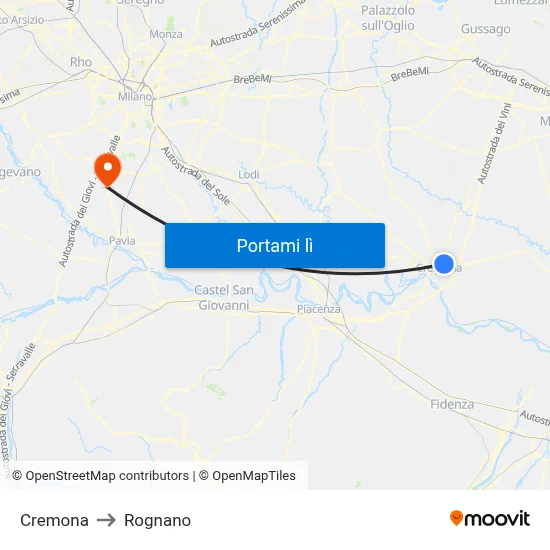 Cremona to Rognano map