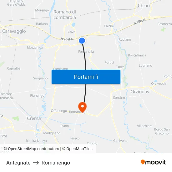 Antegnate to Romanengo map