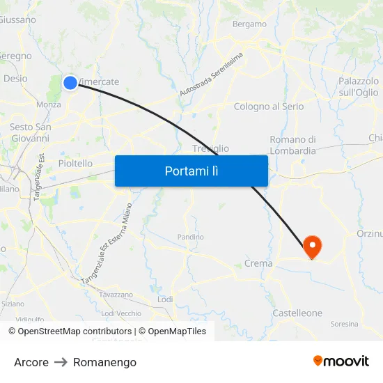 Arcore to Romanengo map