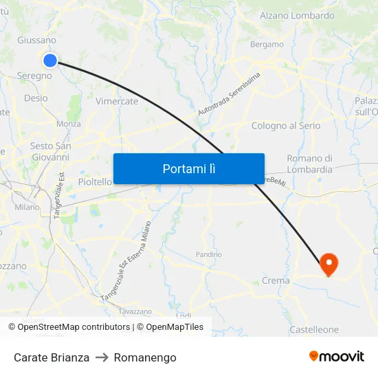 Carate Brianza to Romanengo map
