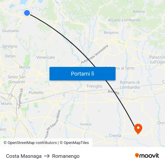 Costa Masnaga to Romanengo map
