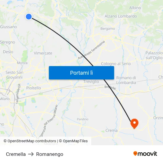 Cremella to Romanengo map