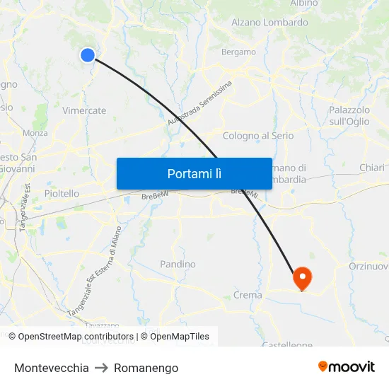 Montevecchia to Romanengo map