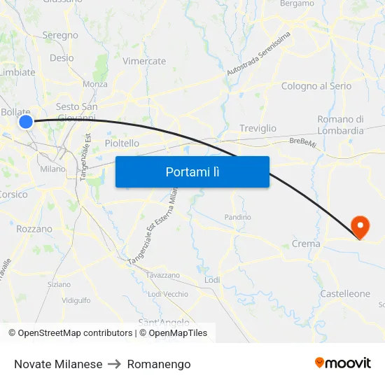 Novate Milanese to Romanengo map