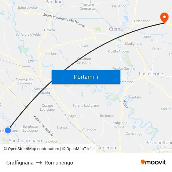 Graffignana to Romanengo map