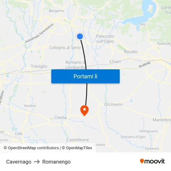 Cavernago to Romanengo map