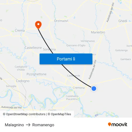 Malagnino to Romanengo map