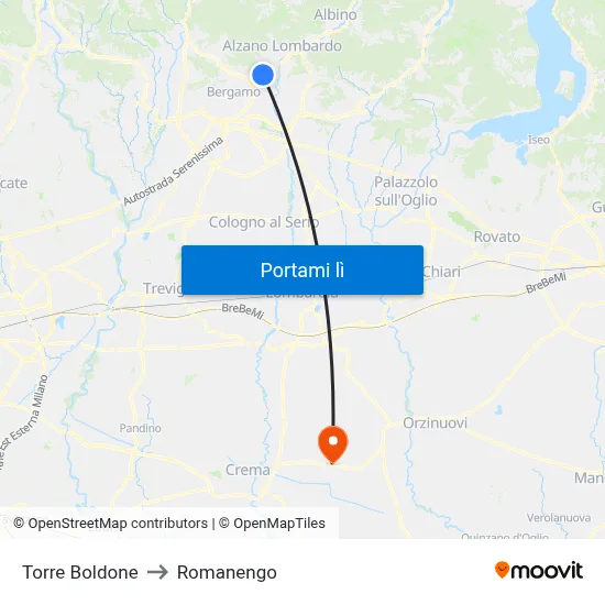 Torre Boldone to Romanengo map