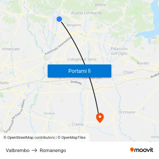 Valbrembo to Romanengo map