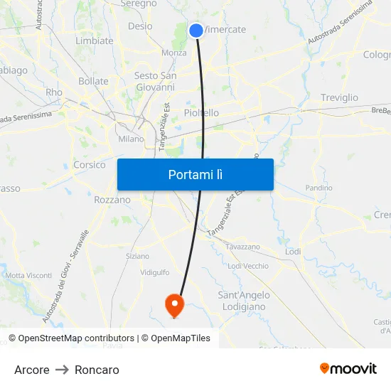 Arcore to Roncaro map