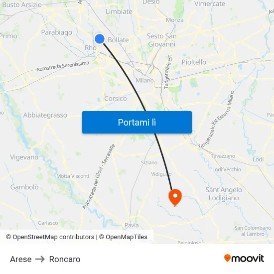 Arese to Roncaro map