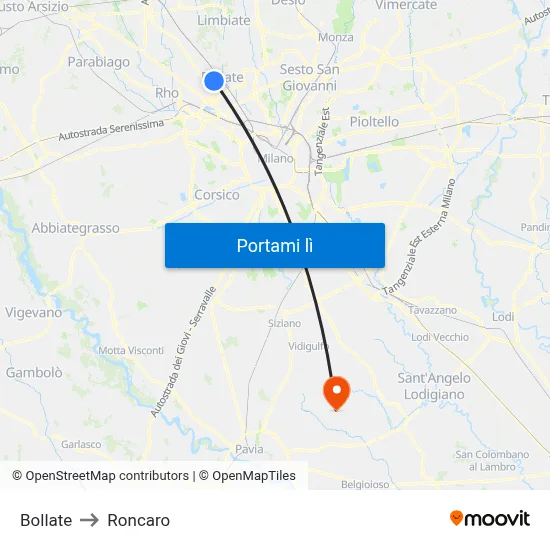 Bollate to Roncaro map