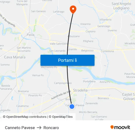 Canneto Pavese to Roncaro map