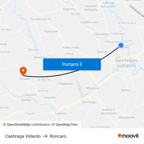 Castiraga Vidardo to Roncaro map