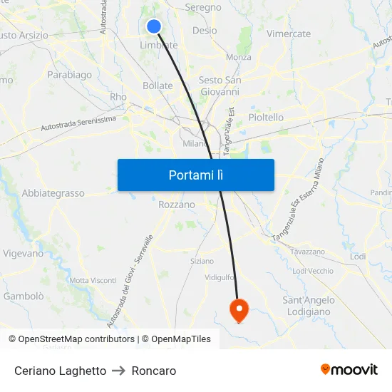 Ceriano Laghetto to Roncaro map