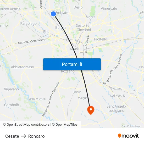 Cesate to Roncaro map