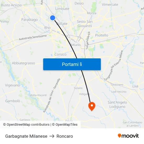 Garbagnate Milanese to Roncaro map