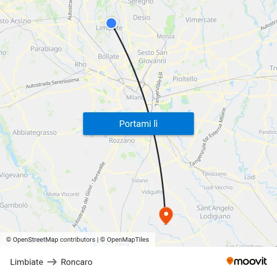 Limbiate to Roncaro map