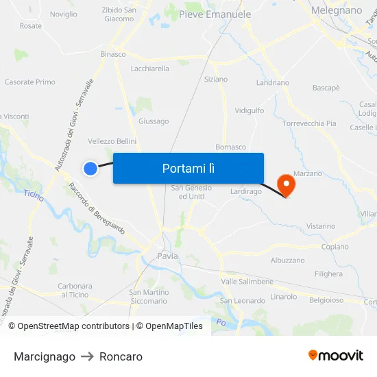 Marcignago to Roncaro map