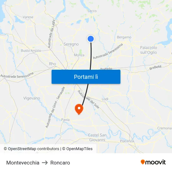 Montevecchia to Roncaro map