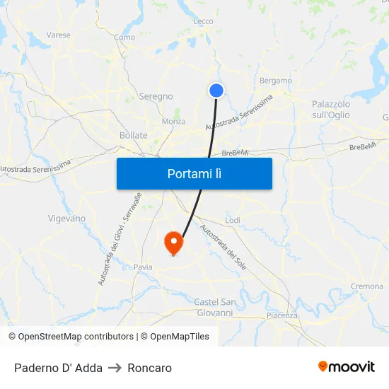 Paderno D' Adda to Roncaro map