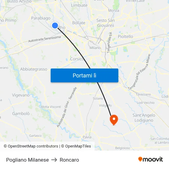 Pogliano Milanese to Roncaro map