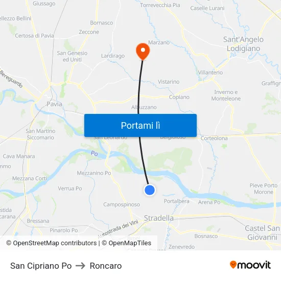San Cipriano Po to Roncaro map