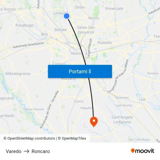 Varedo to Roncaro map