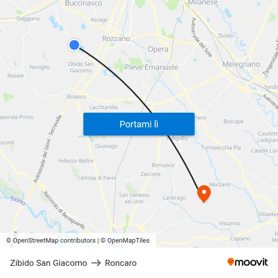 Zibido San Giacomo to Roncaro map
