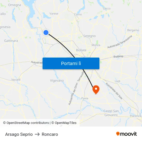 Arsago Seprio to Roncaro map
