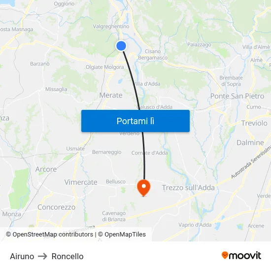 Airuno to Roncello map