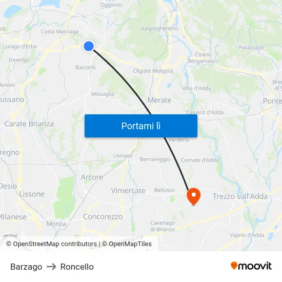 Barzago to Roncello map