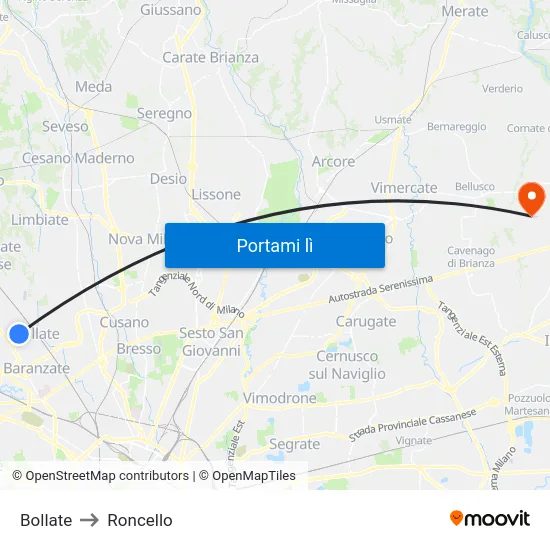 Bollate to Roncello map