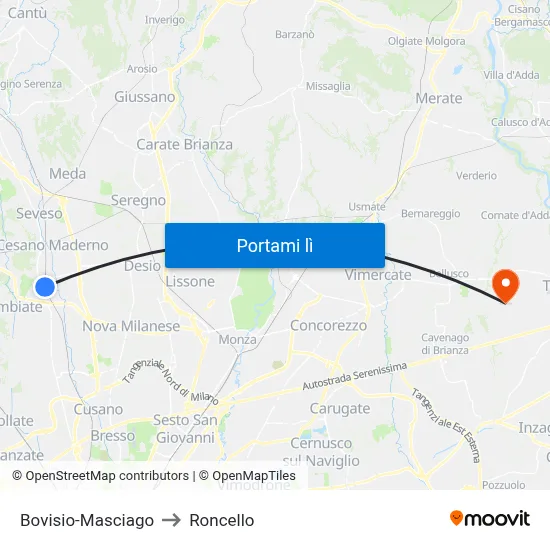 Bovisio-Masciago to Roncello map