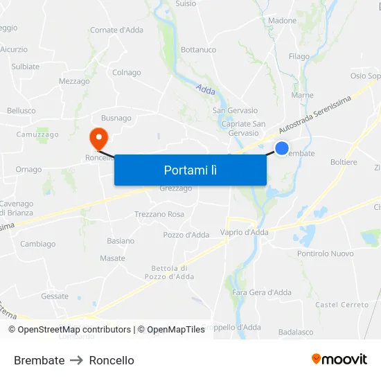 Brembate to Roncello map