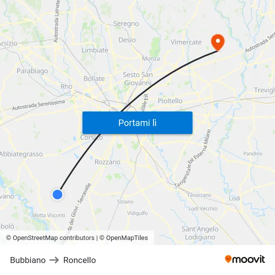 Bubbiano to Roncello map