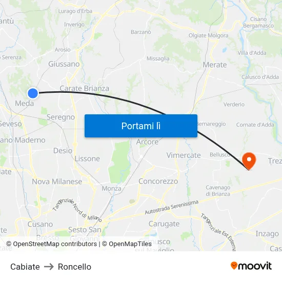 Cabiate to Roncello map