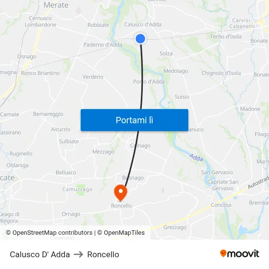 Calusco D' Adda to Roncello map