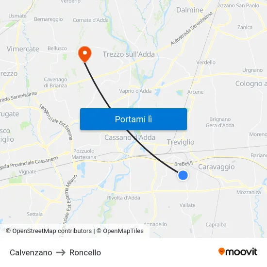 Calvenzano to Roncello map
