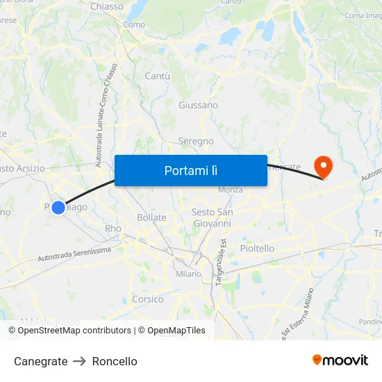 Canegrate to Roncello map