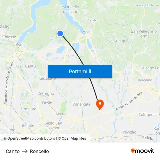 Canzo to Roncello map