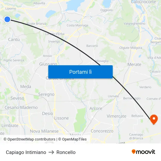 Capiago Intimiano to Roncello map