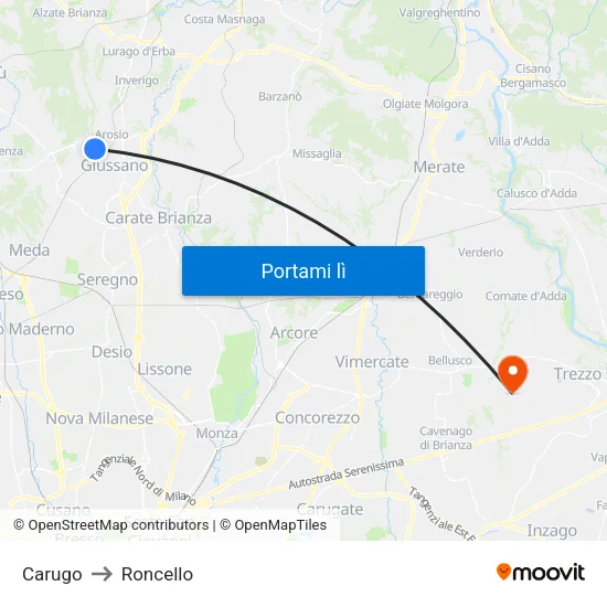 Carugo to Roncello map