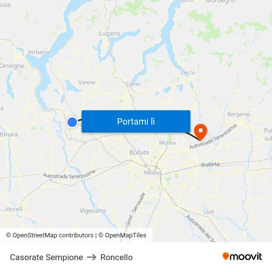 Casorate Sempione to Roncello map