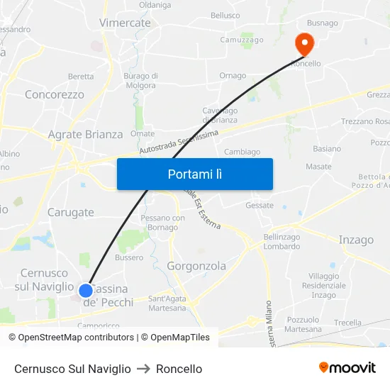 Cernusco Sul Naviglio to Roncello map
