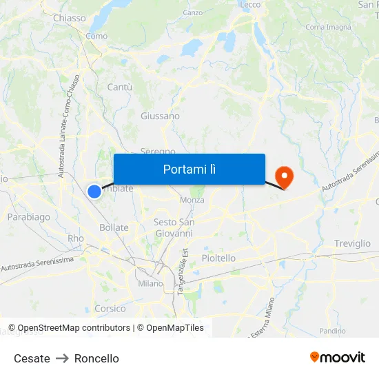 Cesate to Roncello map